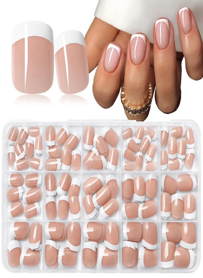 LuckForever 240pc White French Tips Press on Nails Square Fake Nails Kit, Extra Short Nails Press ons French Tip Acrylic Nails Coffee Glue ons Nails Short Stick on Nails Women Artificial False Fingernail Tabs - Image 1